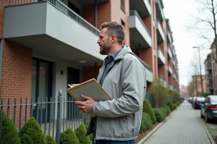 Propriétaire devant un immeuble résidentiel éligible Pinel évaluant la prolongation de son investissement locatif