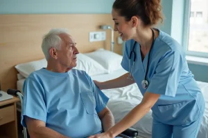 Infirmière en blouse bleue aidant un patient âgé en fauteuil