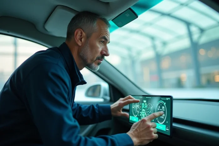 Ingénieur automobile masculin examinant le tableau de bord numérique avancé d'un prototype de véhicule électrique avec écrans OLED incurvés