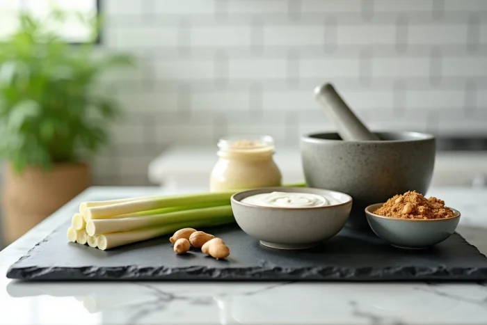 Ingrédients alternatifs à la noix de coco pour cuisiner des plats salés : tahini, citronnelle, yaourt grec et noix de cajou sur une ardoise
