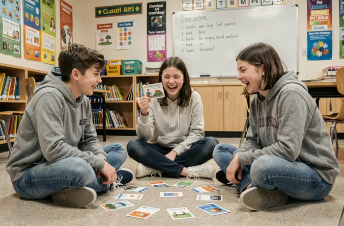 Groupe de trois adolescents jouant à un jeu de cartes sémantiques par terre dans une salle de classe pour apprendre l'orthographe