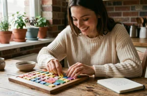 Jeune femme souriante jouant à un jeu de lettres sur plateau en bois pour réviser l'orthographe à domicile