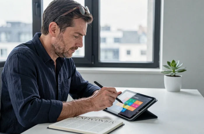Homme concentré utilisant une tablette numérique avec un jeu de mots interactif pour réviser l'orthographe dans un bureau moderne