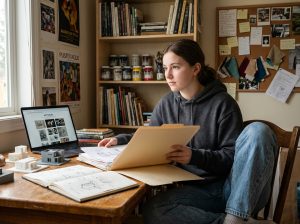 Jeune femme concentrée dans son studio créatif avec croquis et ordinateur