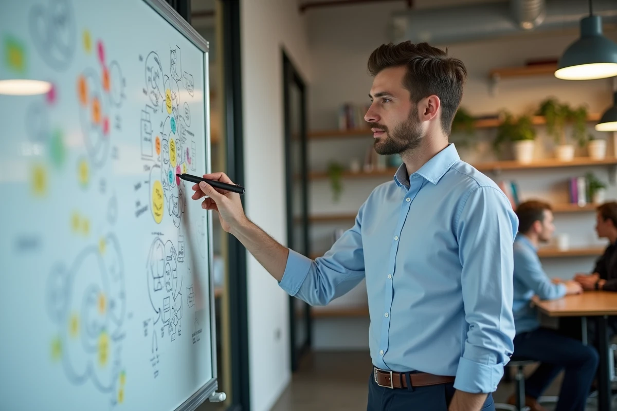 Jeune entrepreneur esquissant des idées dans un espace de coworking