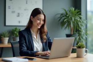 Jeune femme professionnelle souriante au bureau moderne