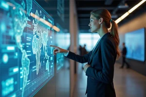 Jeune femme en blazer interagissant avec un écran futuriste dans un hub moderne