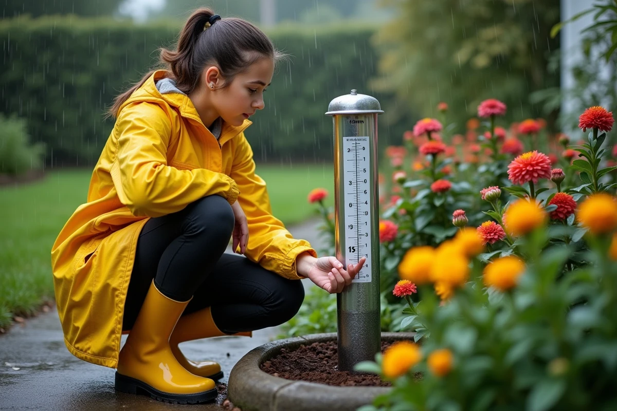 Jeune femme en veste jaune vérifiant le pluviomètre dans le jardin