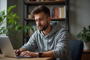 Jeune homme concentré sur son ordinateur dans un bureau cosy
