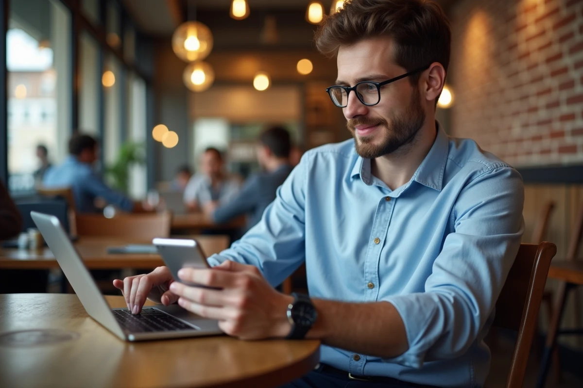 Jeune homme au café utilisant une tablette et smartphone