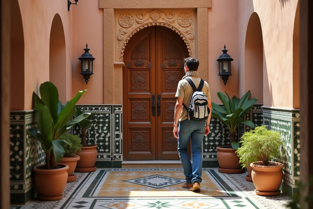 Jeune homme examinant des carvings sur une porte ancienne