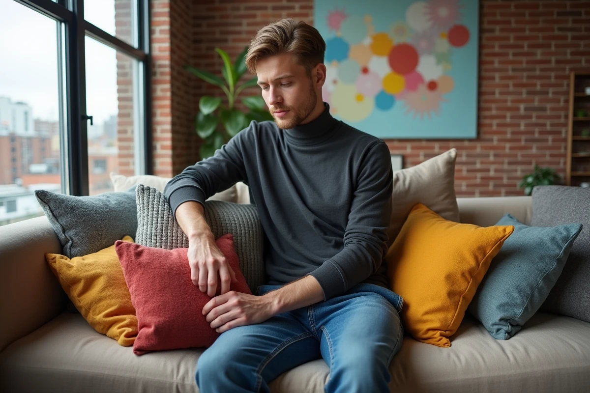 Jeune homme arrangeant des coussins colorés dans un loft urbain