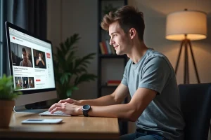 Jeune homme en t-shirt gris utilisant un ordinateur portable à la maison