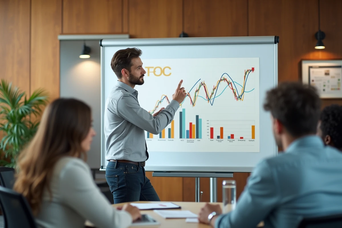 Jeune homme présentant des graphiques financiers au tableau blanc