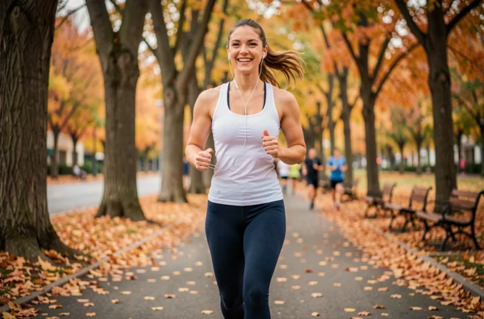 Jeune femme faisant du jogging dans un parc urbain en automne pour améliorer son bien-être physique et mental au quotidien