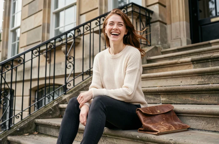 Joséphine Archer Cameron souriante devant le conservatoire, ambiance décontractée et authentique, portrait en extérieur