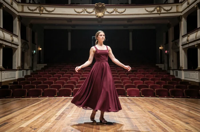 Joséphine Archer Cameron en répétition sur scène dans un théâtre classique vide, robe bordeaux, posture de danseuse