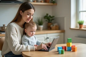 Maman avec son enfant jouant avec des blocs en cuisine lumineuse