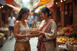 Femme souriante avec guide au marché artisanal