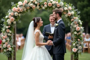 Jeune couple marié échangeant vœux en extérieur dans un jardin