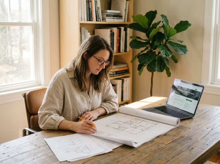 Étudiante en master d'architecture d'intérieur à distance travaillant sur des plans depuis son bureau à domicile
