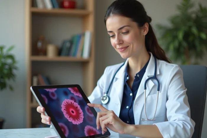 Médecin expliquant les effets de l'alcool sur les globules rouges avec une tablette affichant des images microscopiques