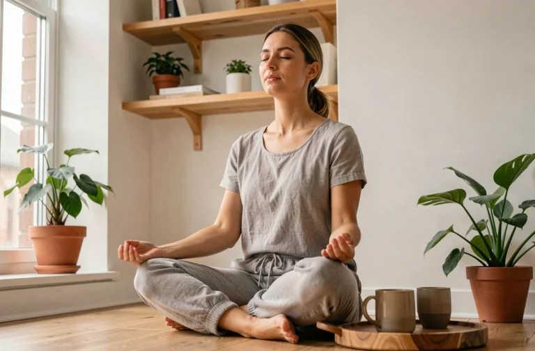 Femme pratiquant la méditation matinale dans un appartement minimaliste avec plantes vertes pour améliorer son bien-être quotidien