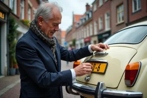 Homme belge vintage fixant une plaque d'immatriculation rouge