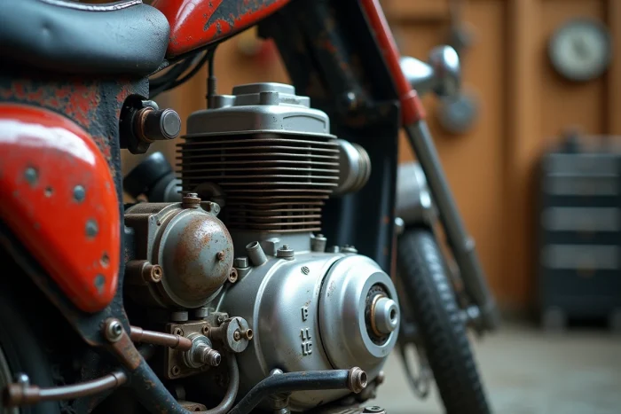 Gros plan sur le moteur d'un scooter 49cc dans un atelier mécanique, montrant les détails techniques du cylindre et du carburateur