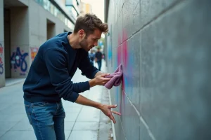 Jeune homme nettoyant un mur urbain avec un chiffon