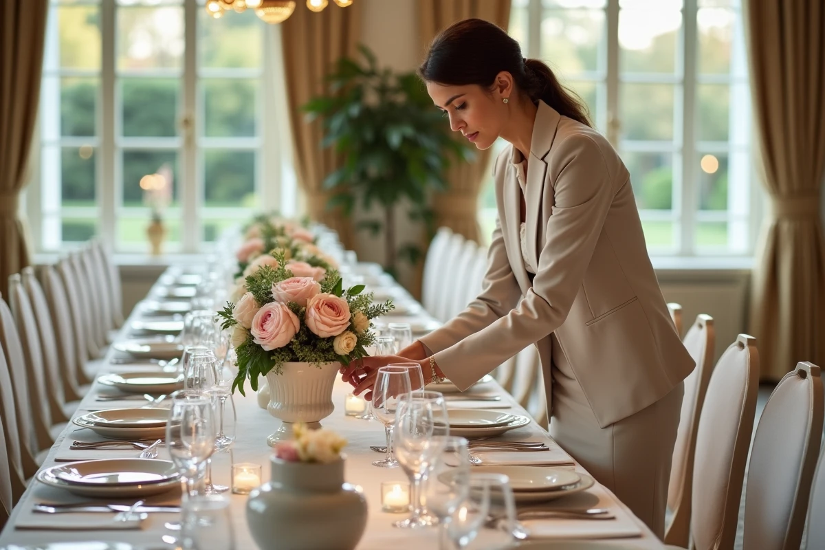 Jeune organisatrice arrangeant une composition florale dans la salle de réception
