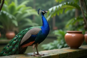 Paon mâle en train de crier dans un jardin botanique, plumage bleu-vert irisé, bec ouvert lors d'une vocalisation