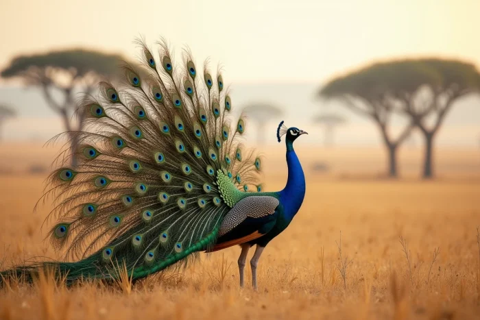 Paon en pleine parade nuptiale avec queue déployée en éventail, criant dans une réserve naturelle en savane