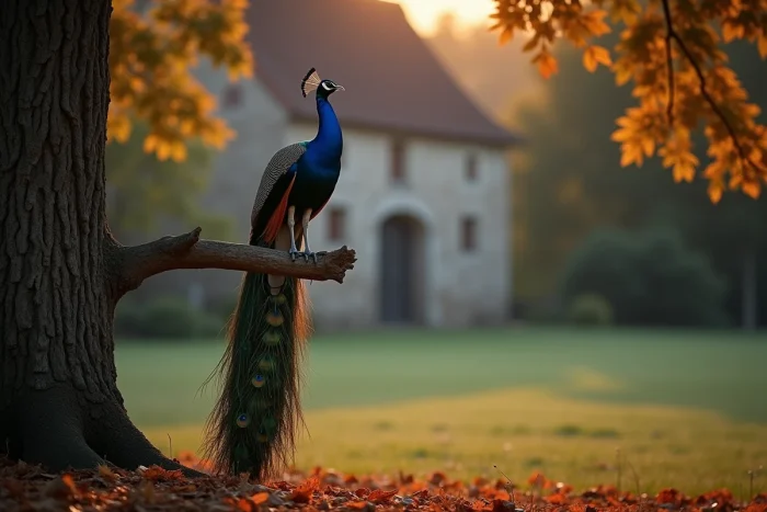 Paon perché sur une branche en train de crier au crépuscule dans un domaine rural français avec manoir en arrière-plan