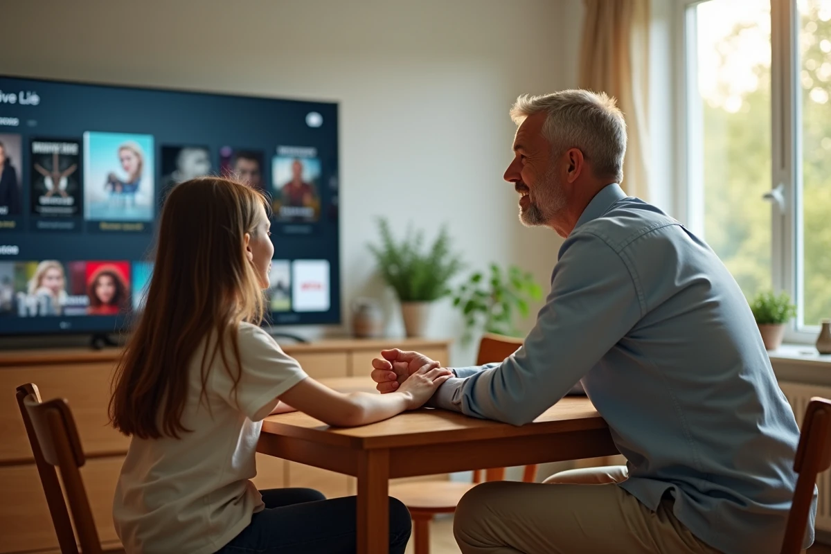 Père et fille regardent la télévision dans une salle à manger lumineuse