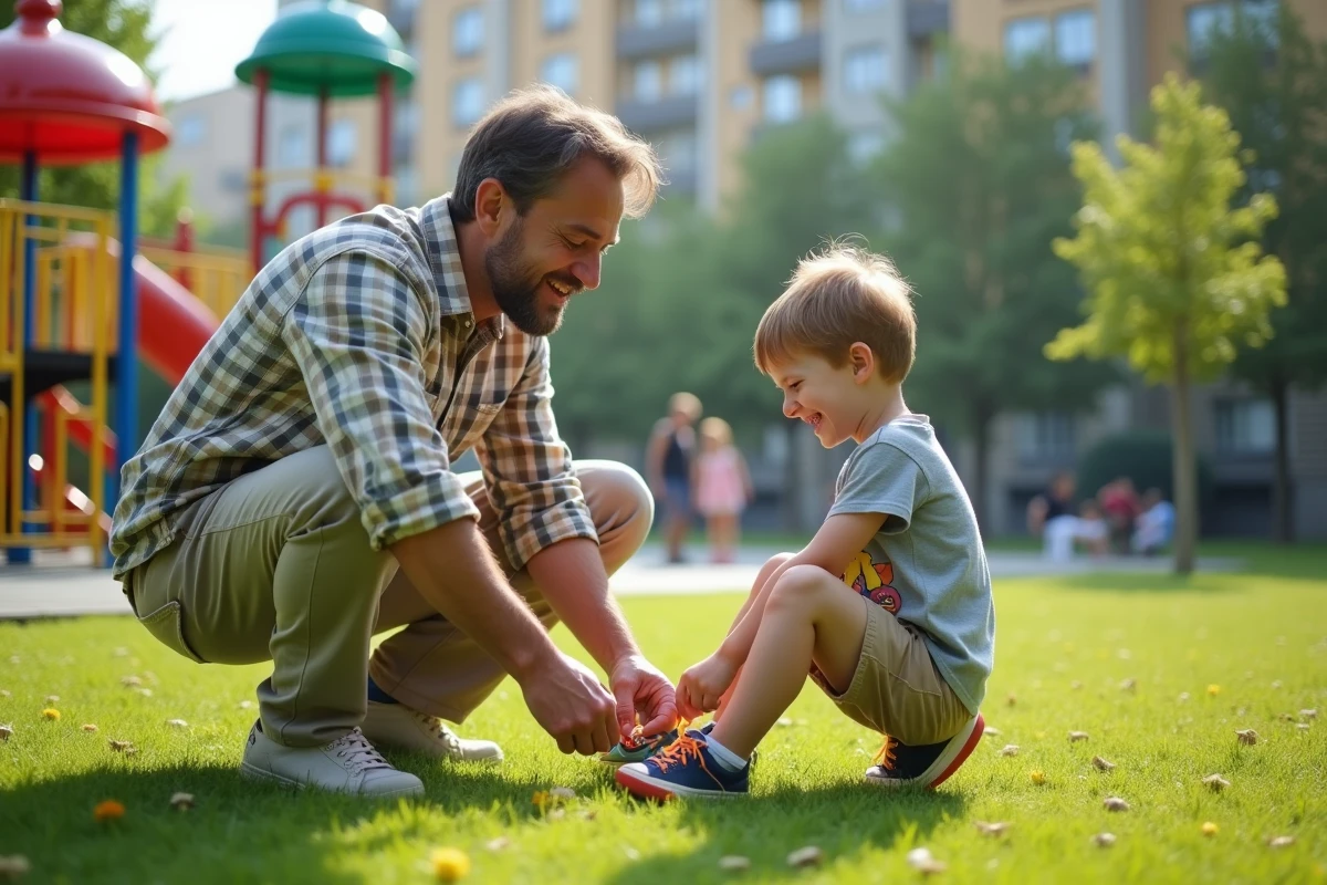 Père et fils jouant dans un parc urbain en plein air