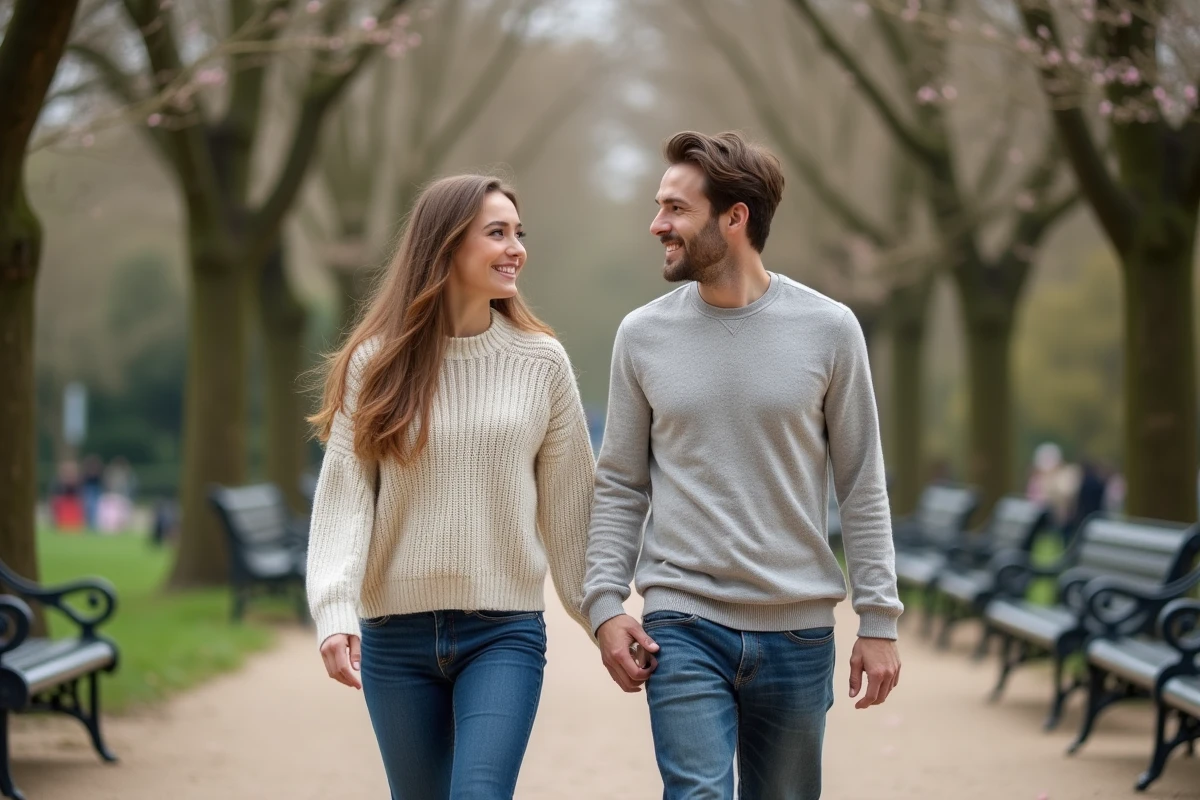 Homme et femme marchant dans un parc parisien au printemps