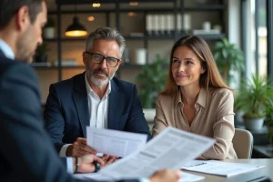 Couple consultant un conseiller financier pour prolonger leur engagement Pinel de 9 à 12 ans dans une agence immobilière parisienne
