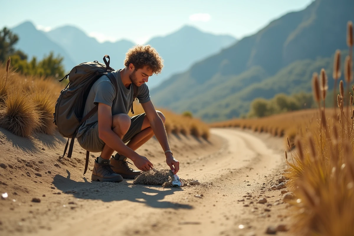 Jeune homme ramassant des déchets en nature