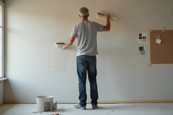 Homme appliquant de la peinture à la chaux texturée sur un mur de chambre en cours de rénovation avec des outils de décoration au premier plan