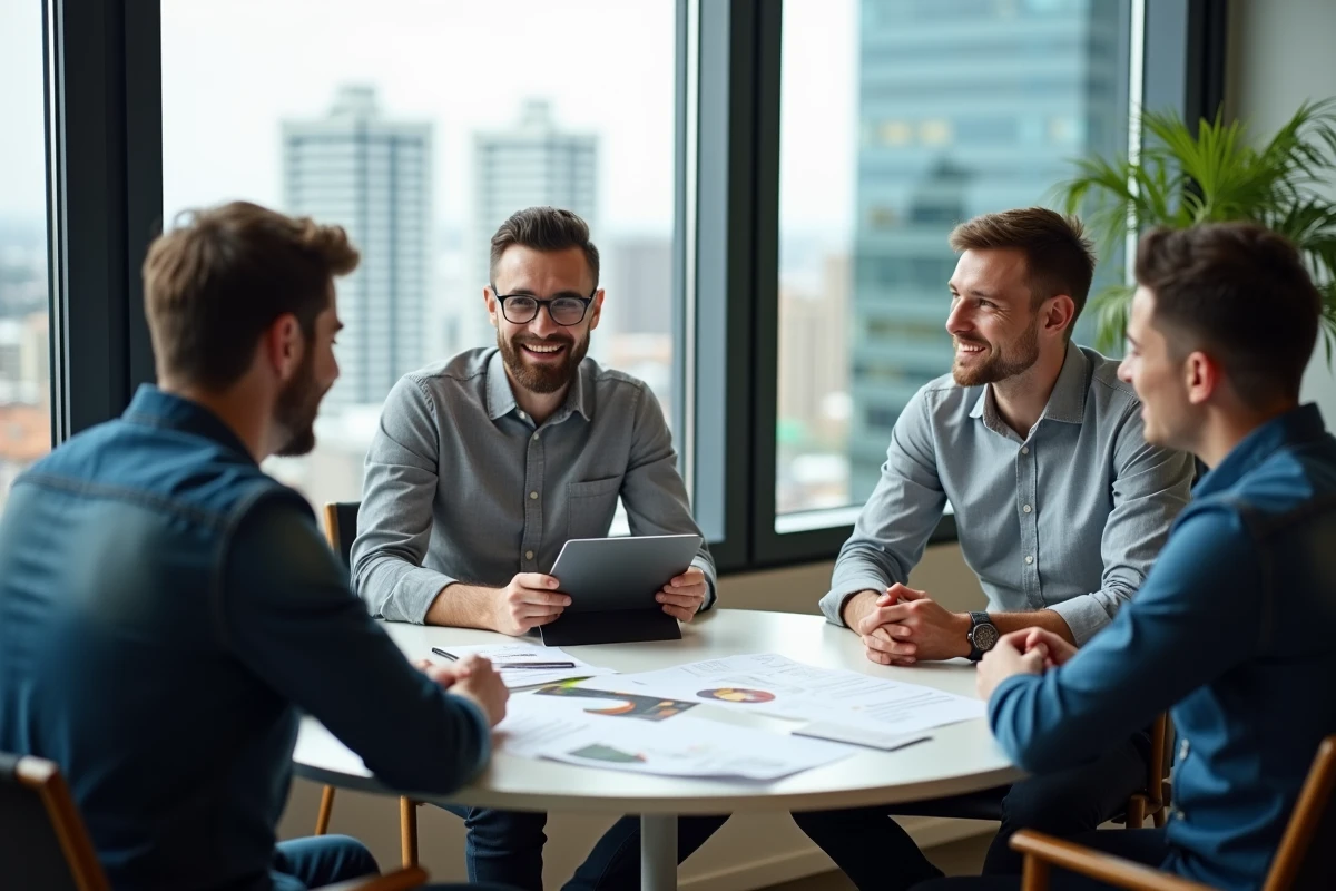 Groupe de trois personnes en réunion dans un espace de coworking