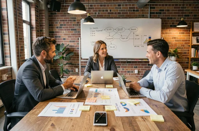 Équipe de professionnels diversifiés en réunion de stratégie autour d'une table en bois avec graphiques et ordinateurs portables dans un espace de travail créatif