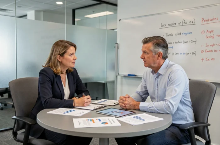 Réunion professionnelle pour discuter des services d'une équipe de finance autour d'une table de conférence