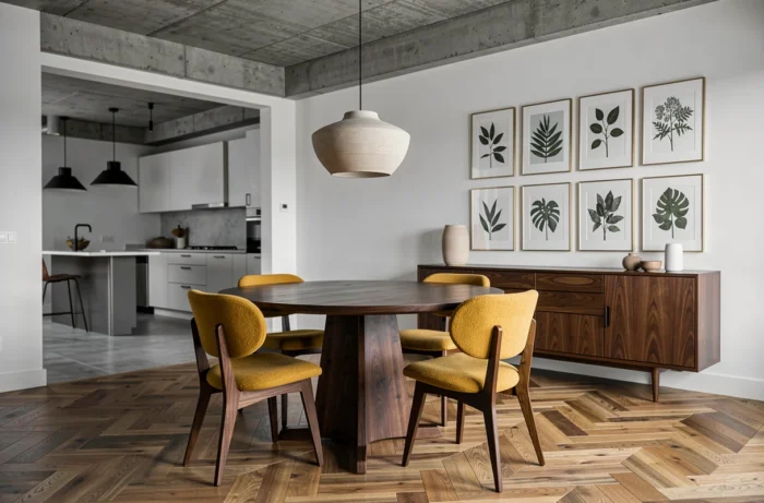 Salle à manger mid-century avec table en noyer, chaises moutarde et parquet en chevrons, tendances déco 2024