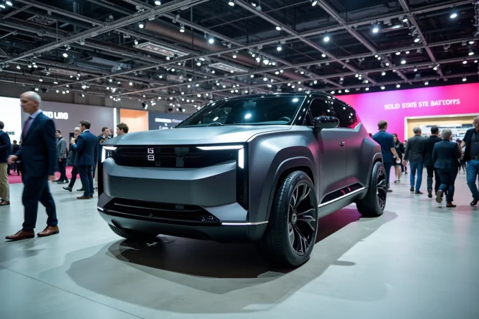 Salon de l'innovation automobile 2024 avec des visiteurs découvrant des véhicules concept dont un SUV hydrogène noir mat et des technologies de batterie solide
