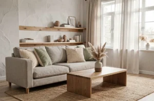 Salon scandinave moderne avec canapé en lin, coussins boucle et table basse en chêne, déco tendance intérieur