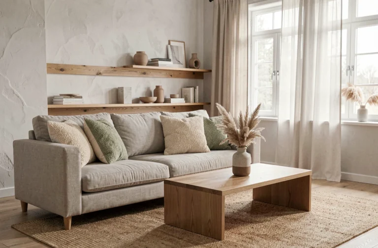 Salon scandinave moderne avec canapé en lin, coussins boucle et table basse en chêne, déco tendance intérieur