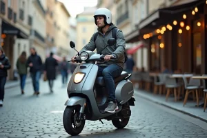 Jeune homme casqué assis sur un scooter 50cc dans une rue pavée européenne, illustrant l'usage quotidien d'un scooter en ville