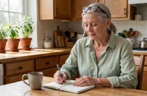Femme senior sereine écrivant dans un carnet à sa table de cuisine, illustrant le bien-être quotidien des personnes âgées