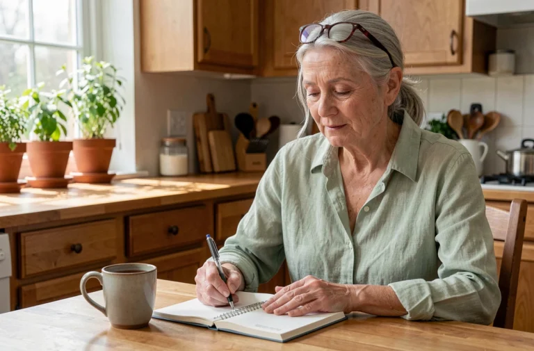 Femme senior sereine écrivant dans un carnet à sa table de cuisine, illustrant le bien-être quotidien des personnes âgées